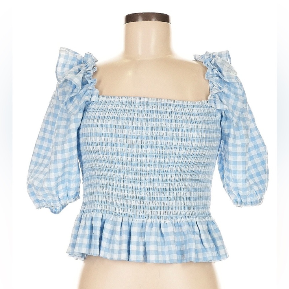 AQUA Women’s Smocked Gingham Top with Puff Sleeves
